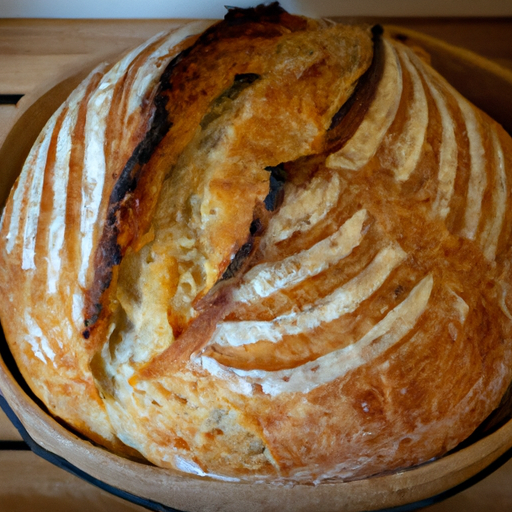 Freshly baked artisanal bread with a golden crust, made in a Dutch oven.