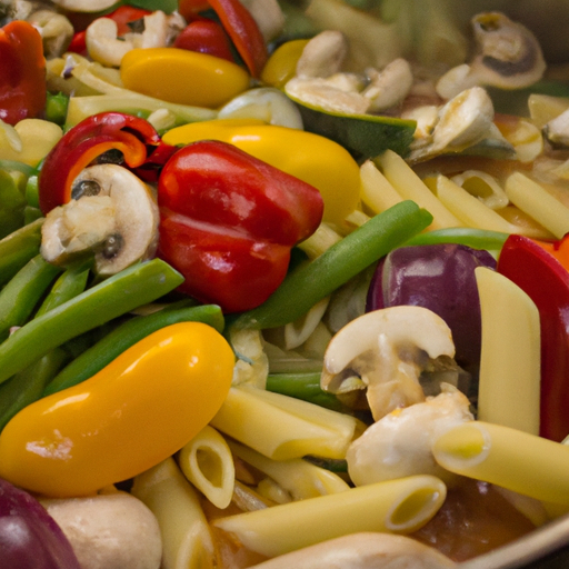 A colorful assortment of vegetables, pasta, and sauce ready to be cooked in a Dutch oven.