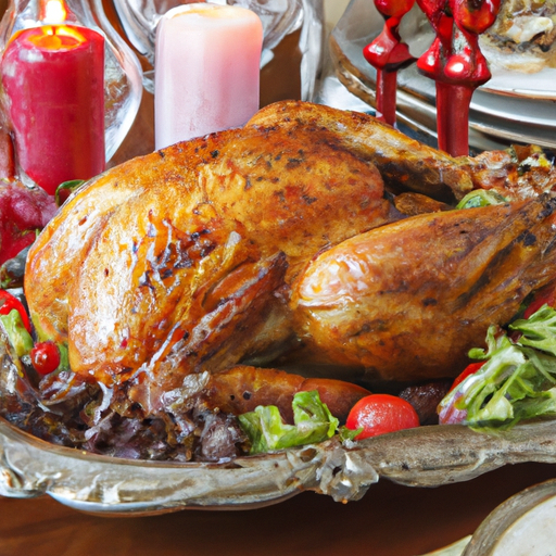 A festive table setting with a roasted turkey as the centerpiece