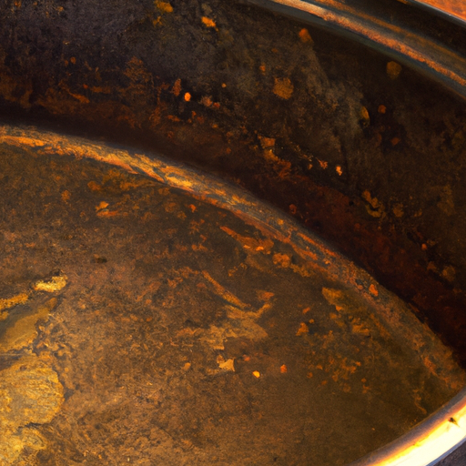 A close-up of stubborn stains on the interior of a Dutch oven.